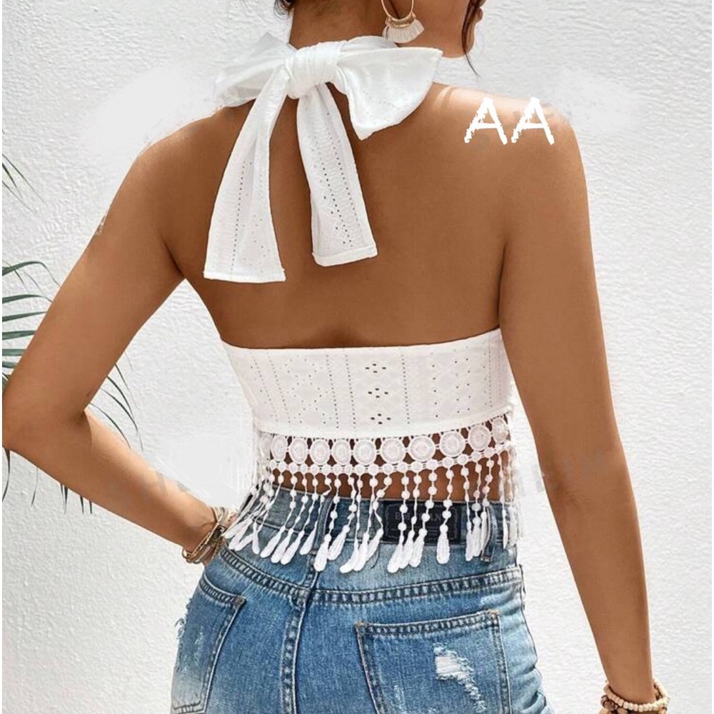 Boho Sheer Eyelet Lace Crisscross Halter Neck Tie Tassel Fringe Crop Top Bra Top - Picture 2 of 2